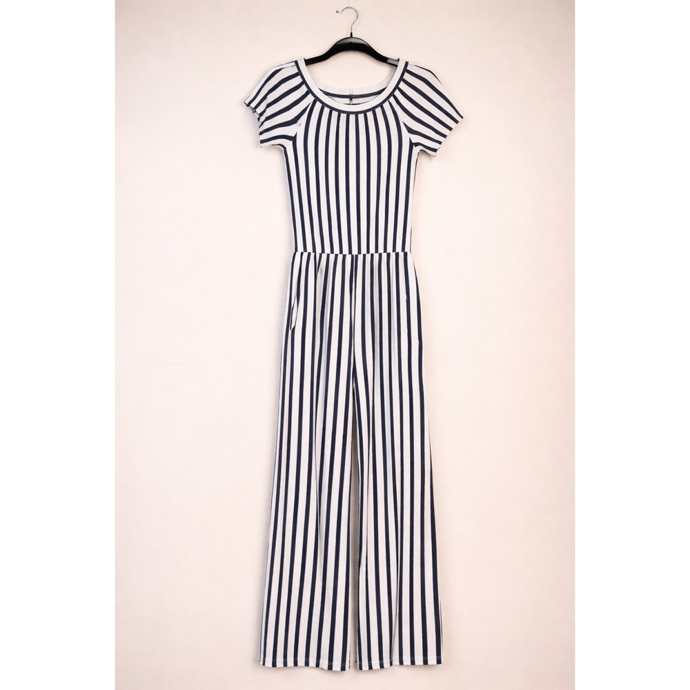 Love Tree Striped Wide Leg Jumpsuit Large Blue White Linen Blend Smocked Coastal